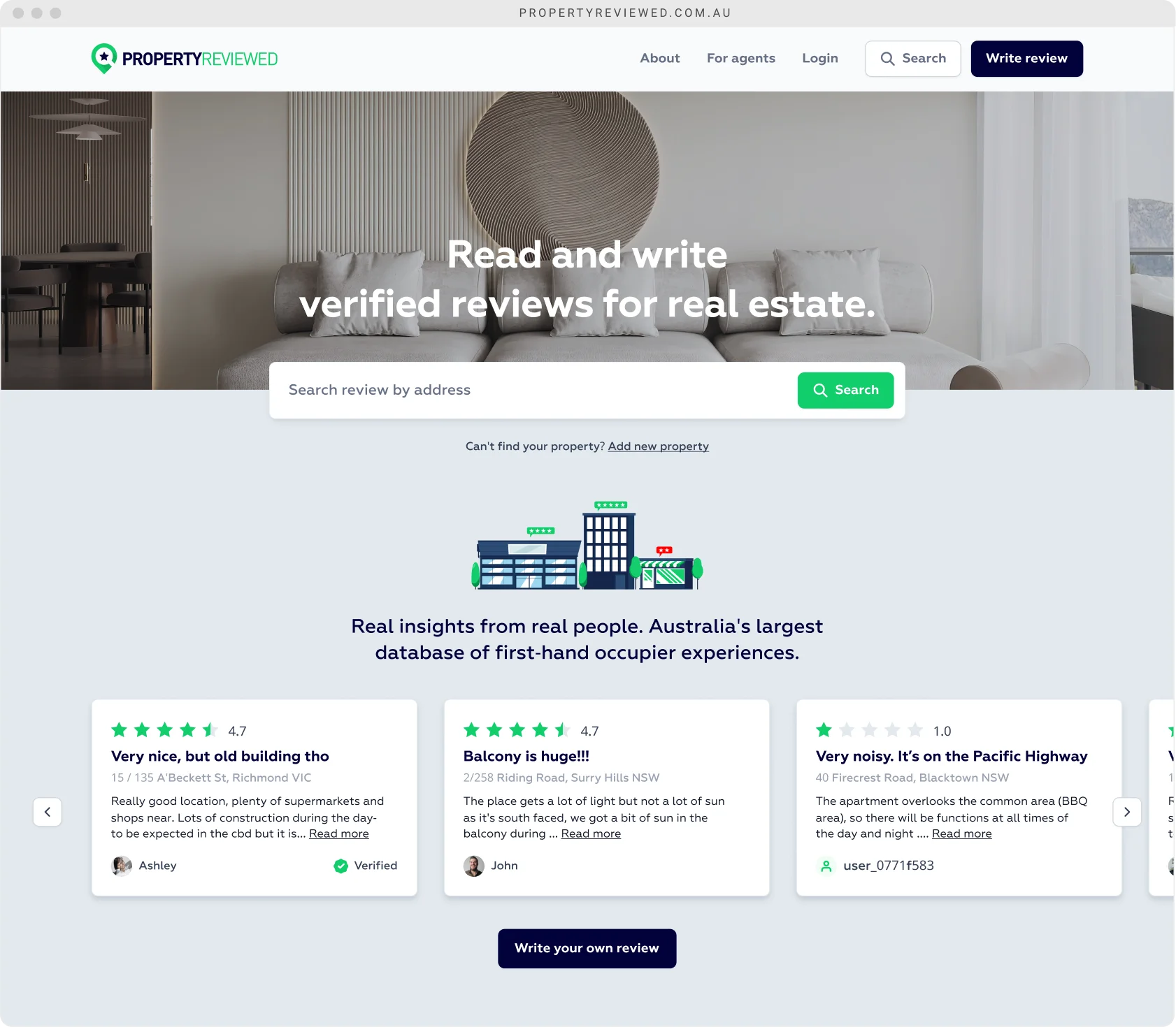 Property Review website design – homepage hero section, Melbourne