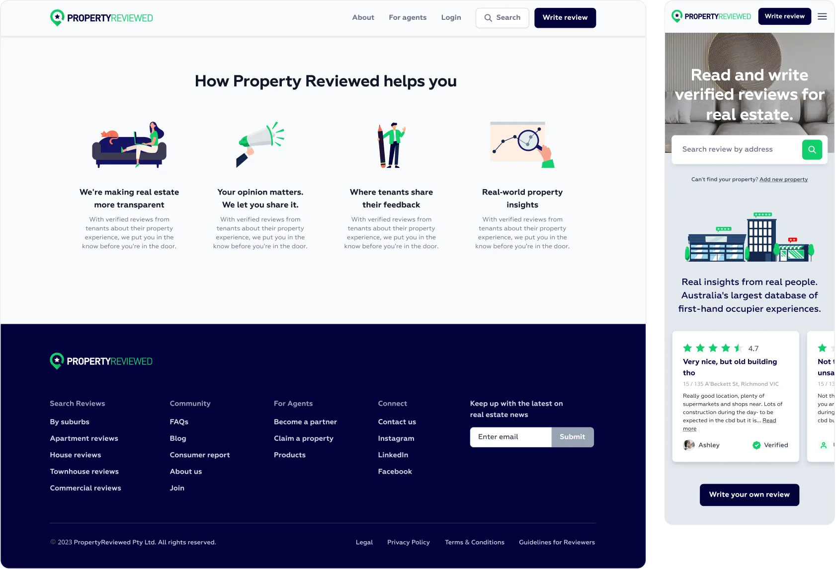 Property Review website design – footer desktop and homepage mobile, Melbourne