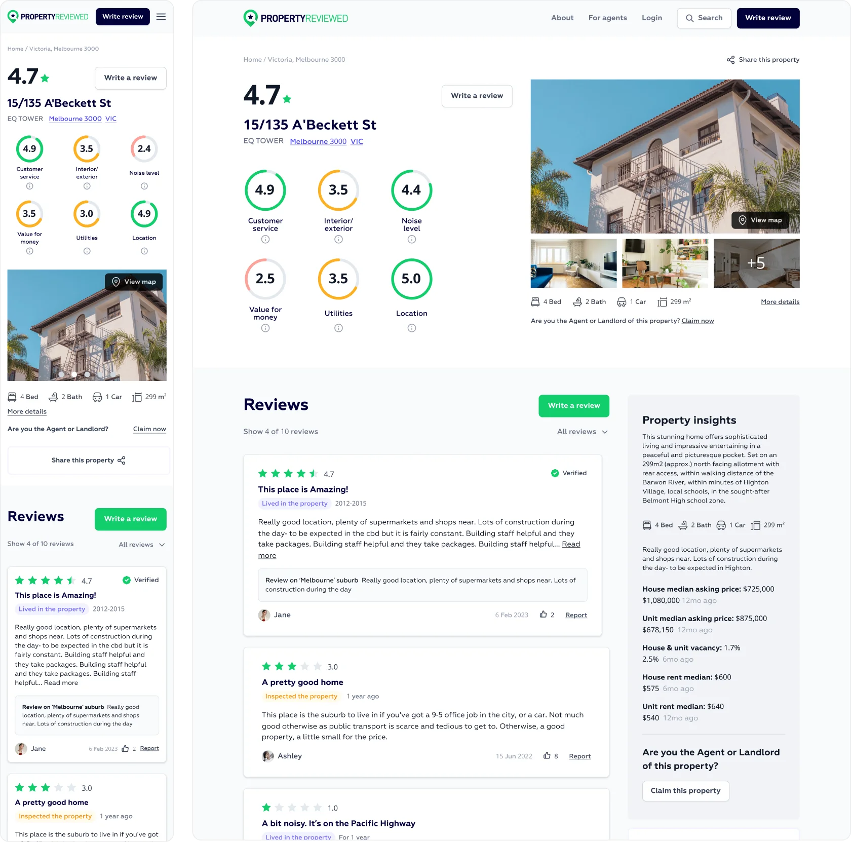 Property Review website design – reviews page desktop, Melbourne