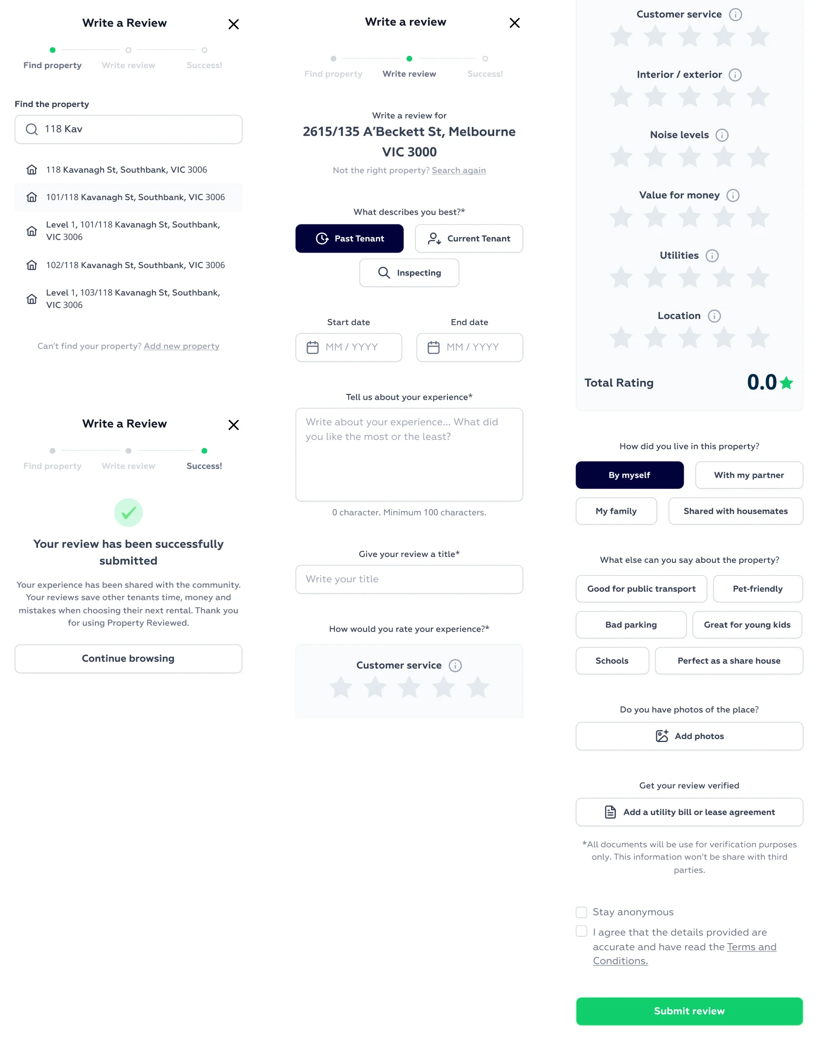 Property Review website design – reviews section, Melbourne