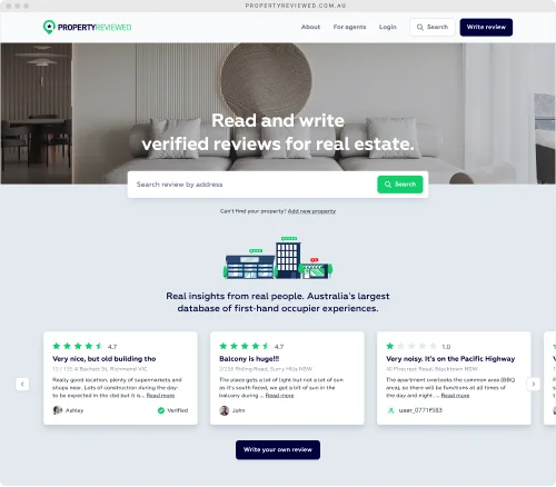 Property Review website design – mobile top hero homepage, Melbourne